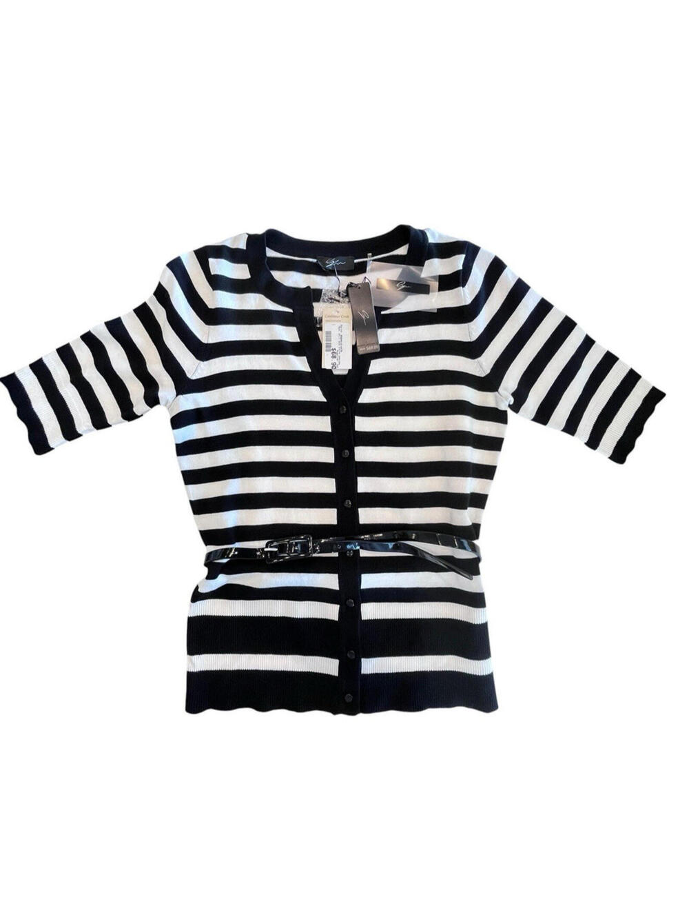 Coldwater Creek Sweater Sz Med black white striped belted V neck  3000.1
